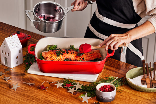 Le Creuset Sticky Cranberry and Juniper Glazed Salmon