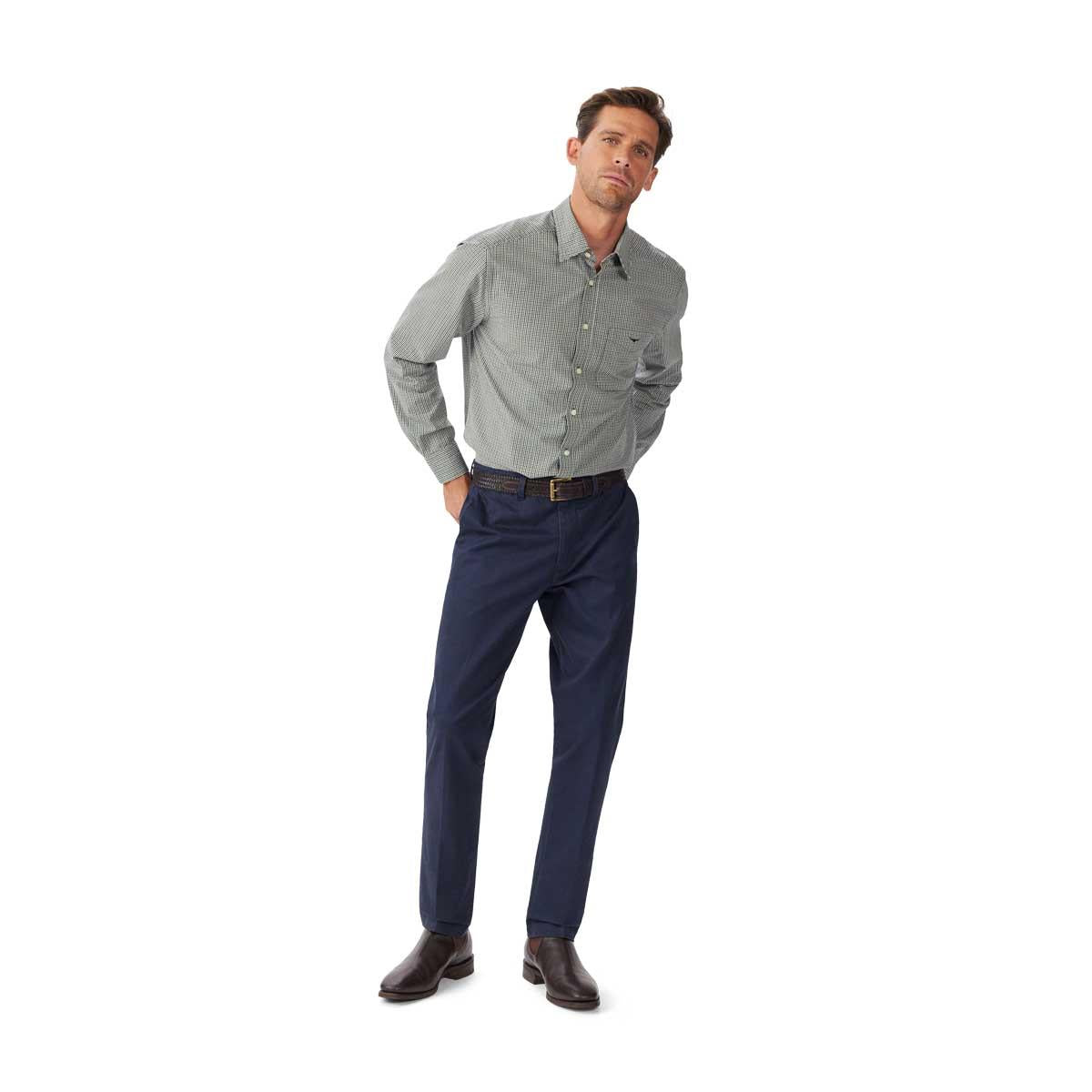 White Navy Green R.M. Williams Mens Quinn Classic Poplin Shirt on model