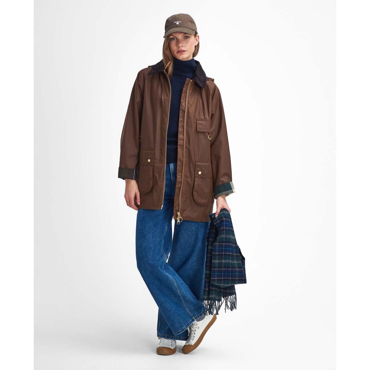 Bark/Muted Barbour Womens Highcleere Wax Jacket ON Model