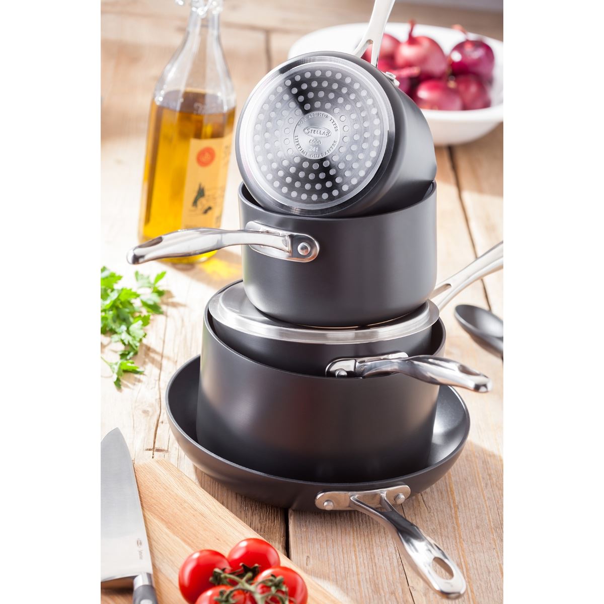 Stellar Hard Anodised 5 Piece Non-Stick Saucepan Set