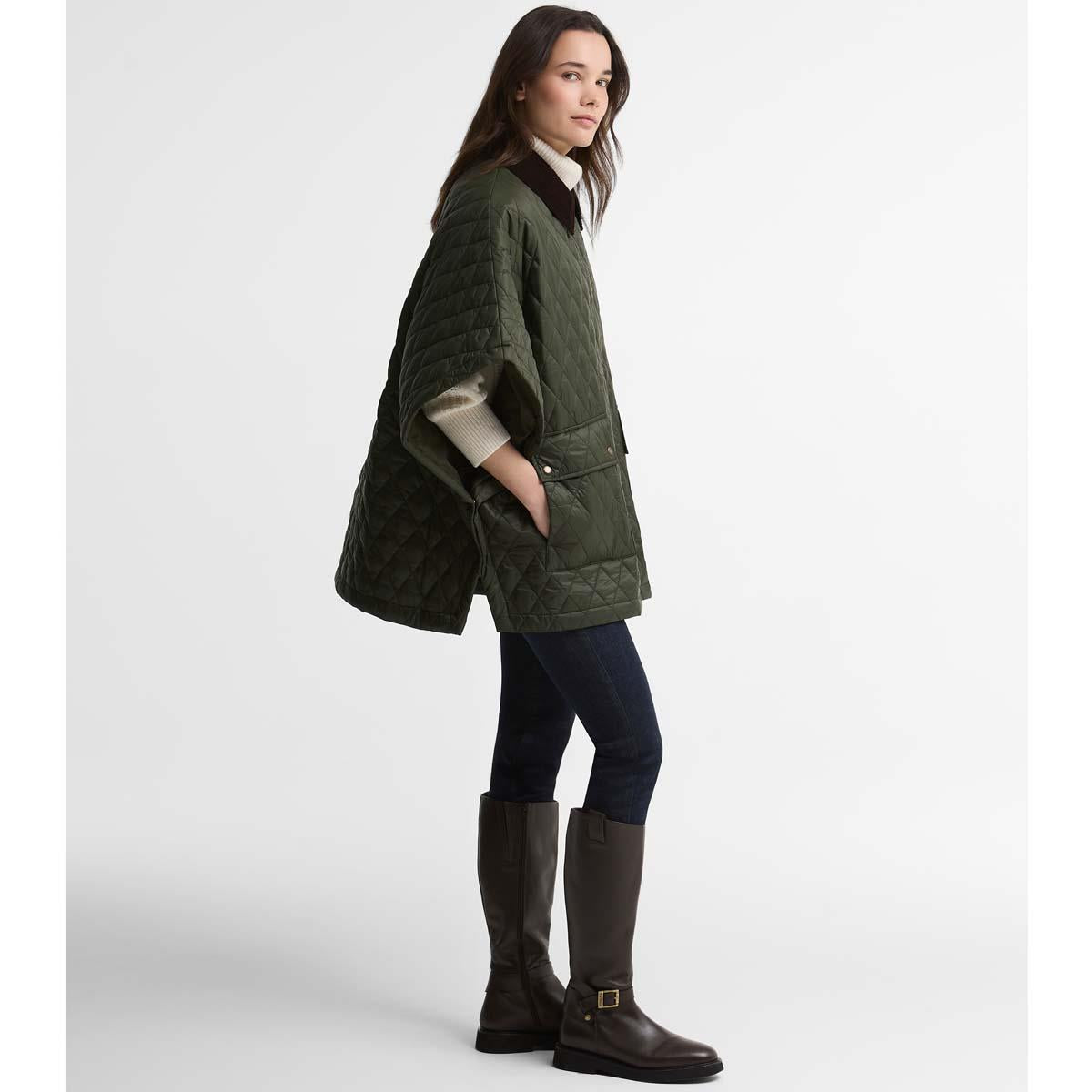 Olive/Shadow Classic Barbour Womens Mildred Quilted Cape Side