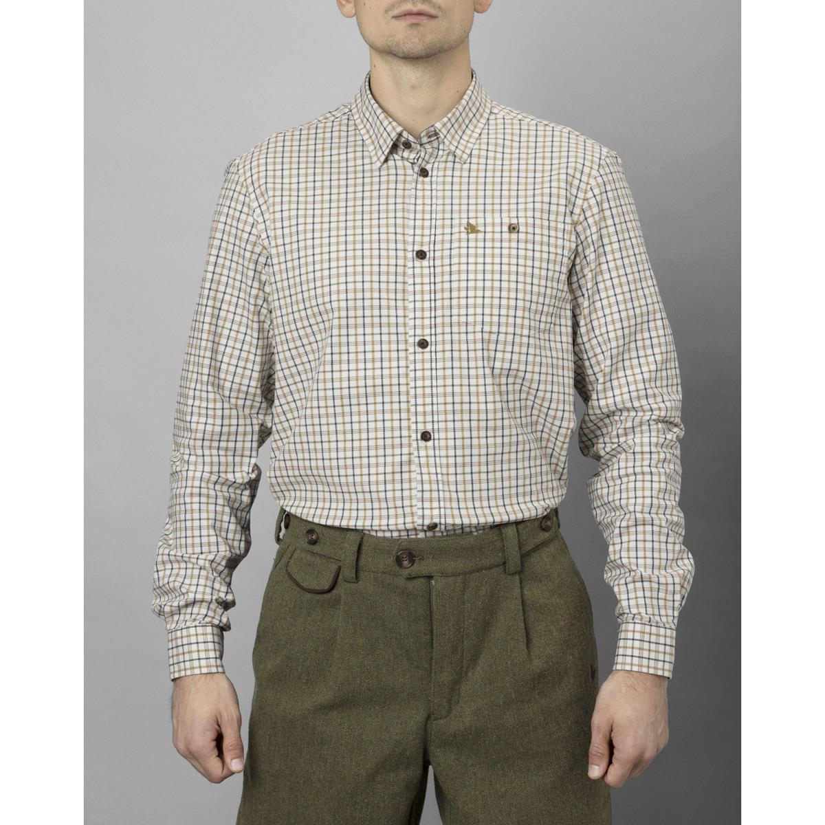 Classic Blue/Classic Brown Check Seeland Mens Oxford Shooting Shirt On Model