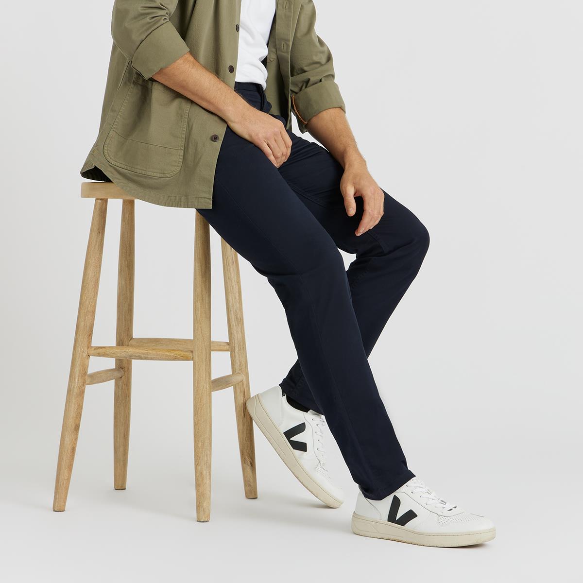 Navy Spoke Fives Chino on a stool