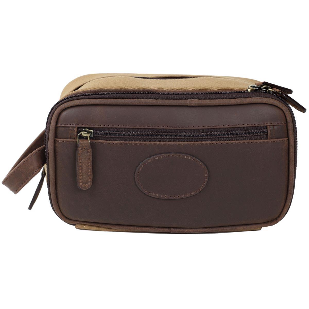 Teales Khaki Canvas and Leather Wash Bag