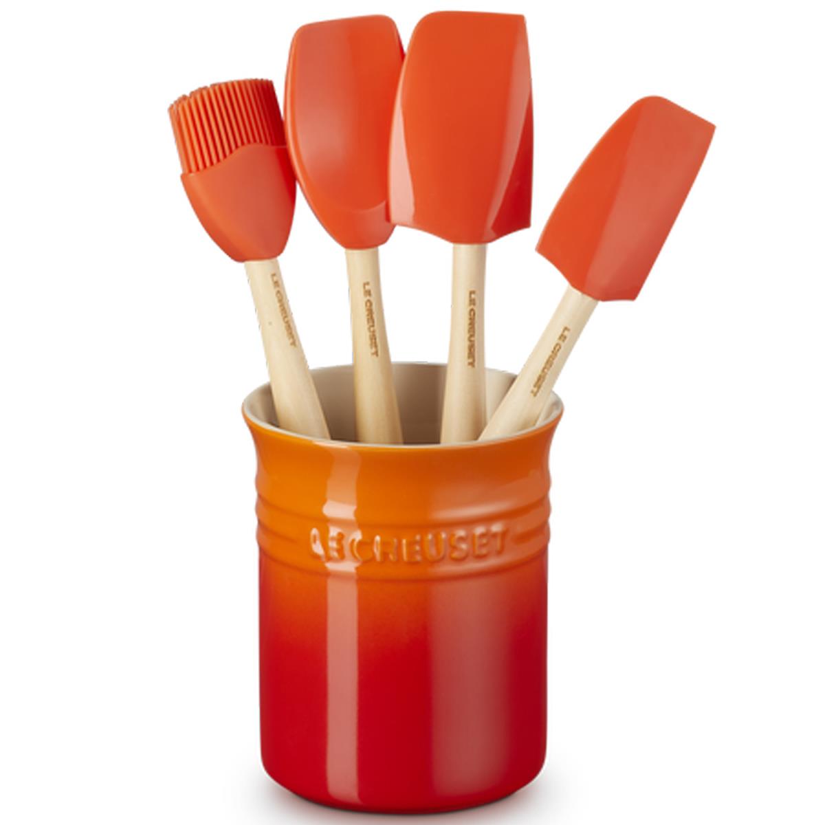 Le Creuset Stoneware Utensil Jar and Set of 4 Spatulas Volcanic