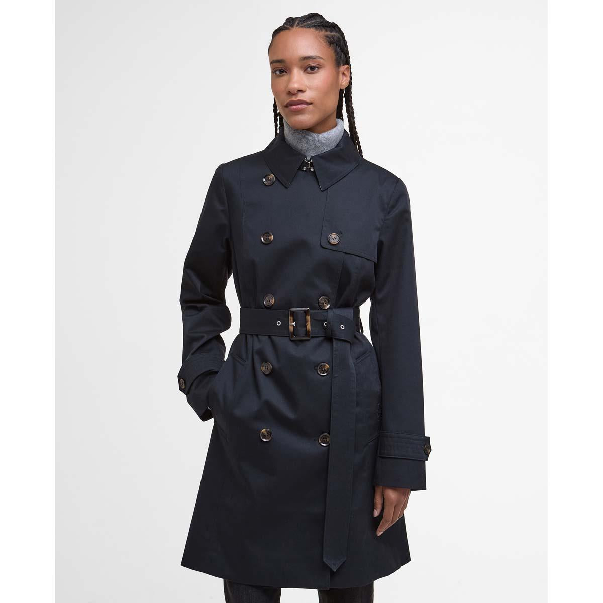 Dark Navy/Hessian Tartan Barbour Womens Short Greta Showerproof Jacket Front