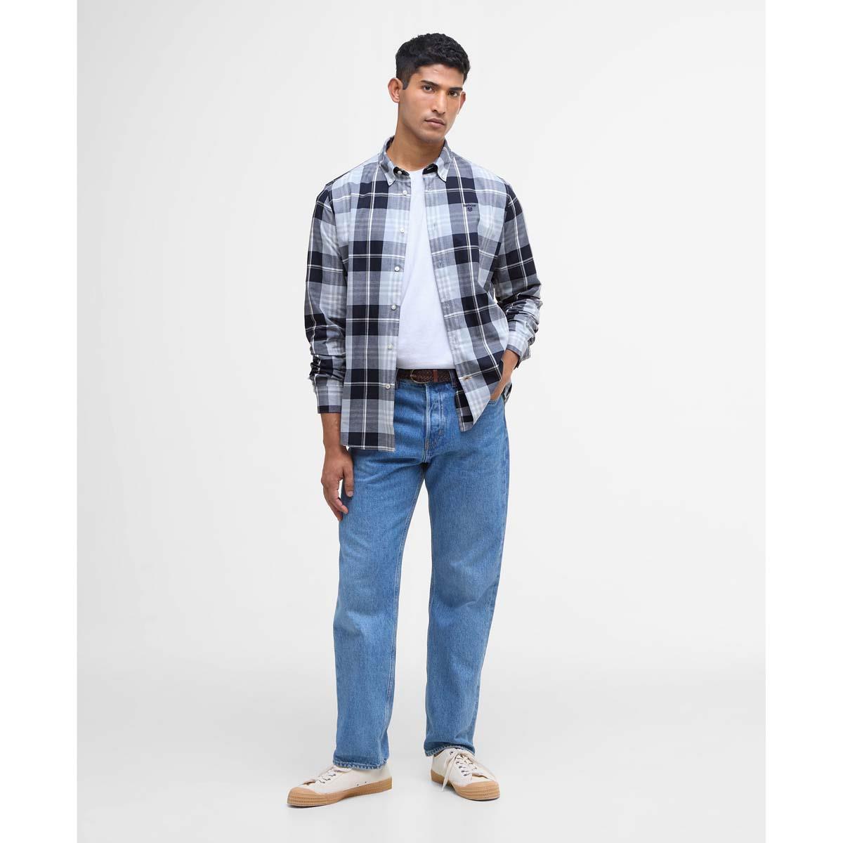 Mineral Blue Barbour Mens Edgar Tailored Checked Shirt ON MODEL