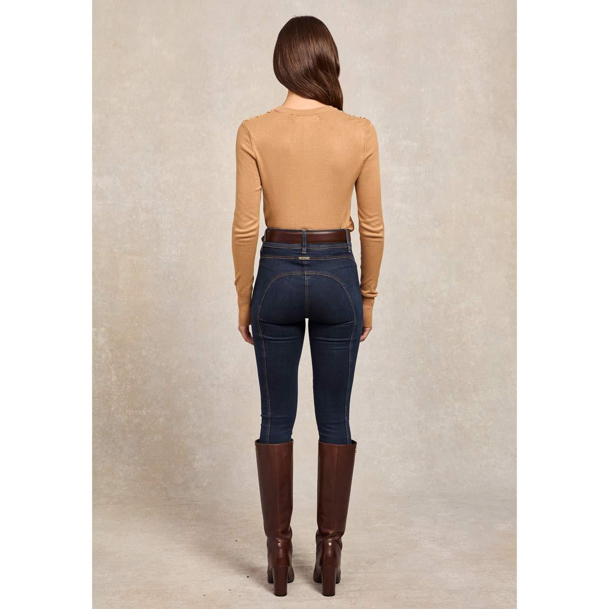 Dark Camel Holland Cooper Womens Buttoned Knit Crew Neck Jumper On Model Rear