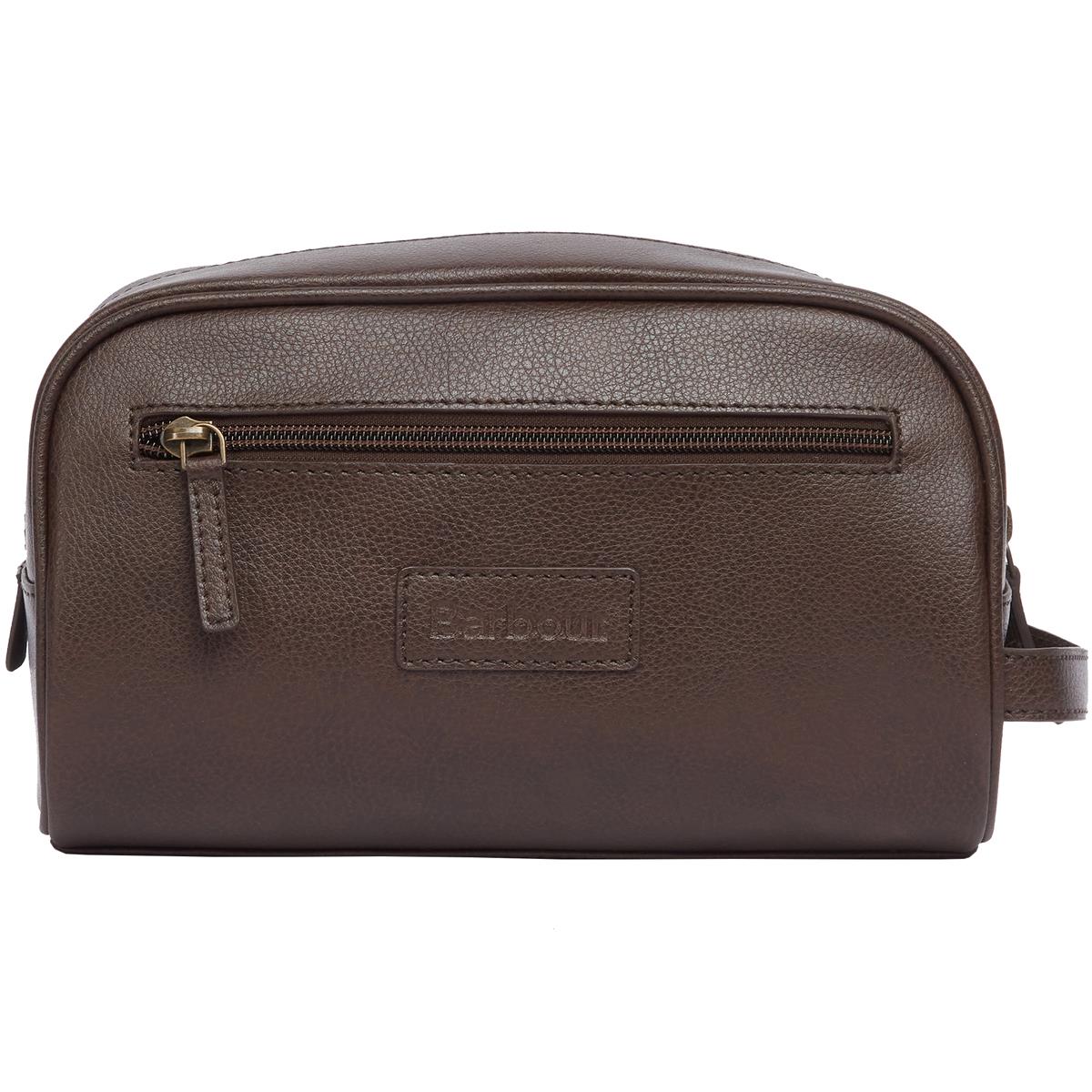 Dark Brown Barbour Mens Leather Washbag