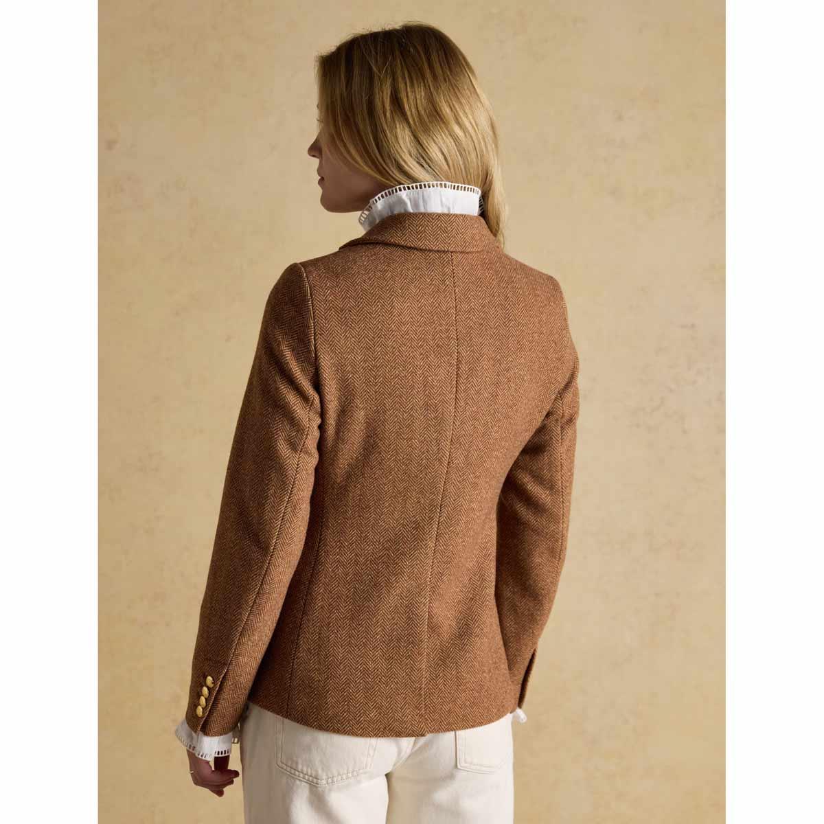Brown Herringbone Joules Womens Canterly Tweed Hacking Jacket On Model Rear