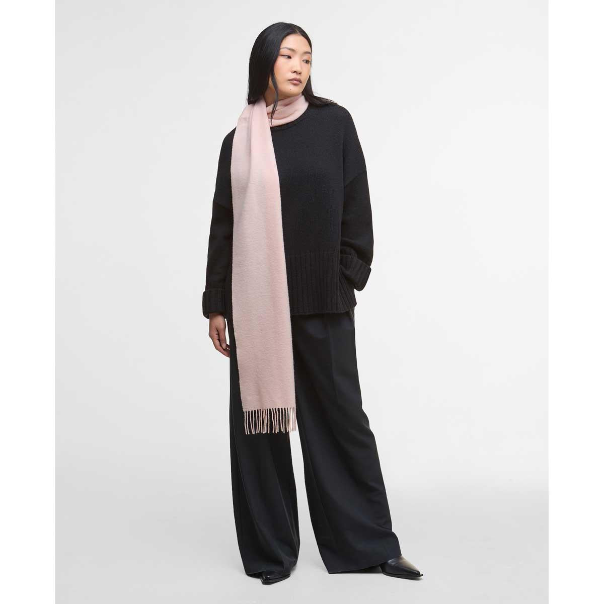 Pink Blush Barbour Womens Lambswool Woven Scarf on model