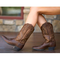 Distressed Brown Ariat Womens Heritage Western R Toe Boot On Model Detail