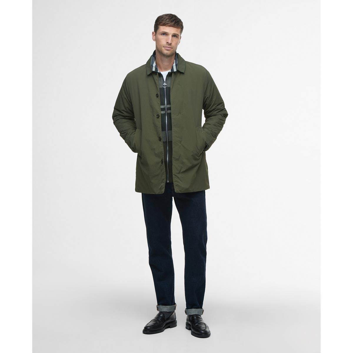 Olive Barbour Mens Wadded Lorden Showerproof Mac On Model