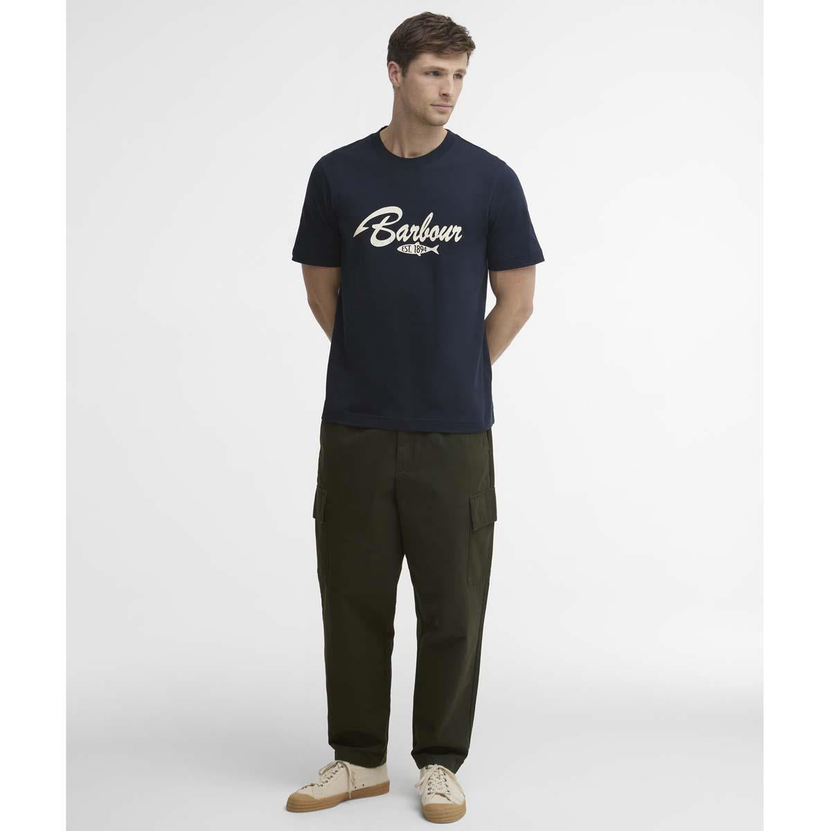 Dark Navy Barbour Mens Hook Relaxed Graphic T-Shirt ON MODEL