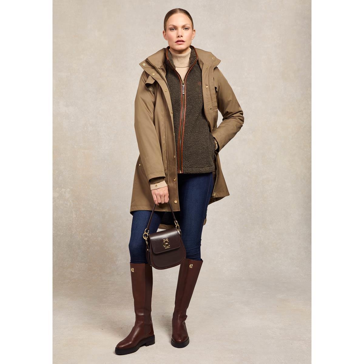 Khaki Borg Holland Cooper Womens Country Borg Fleece Jacket On Model Layered