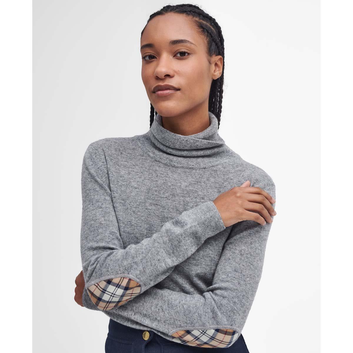 Grey Marl/Hessian Tartan Barbour Womens Pendle Roll Collar Jumper Front