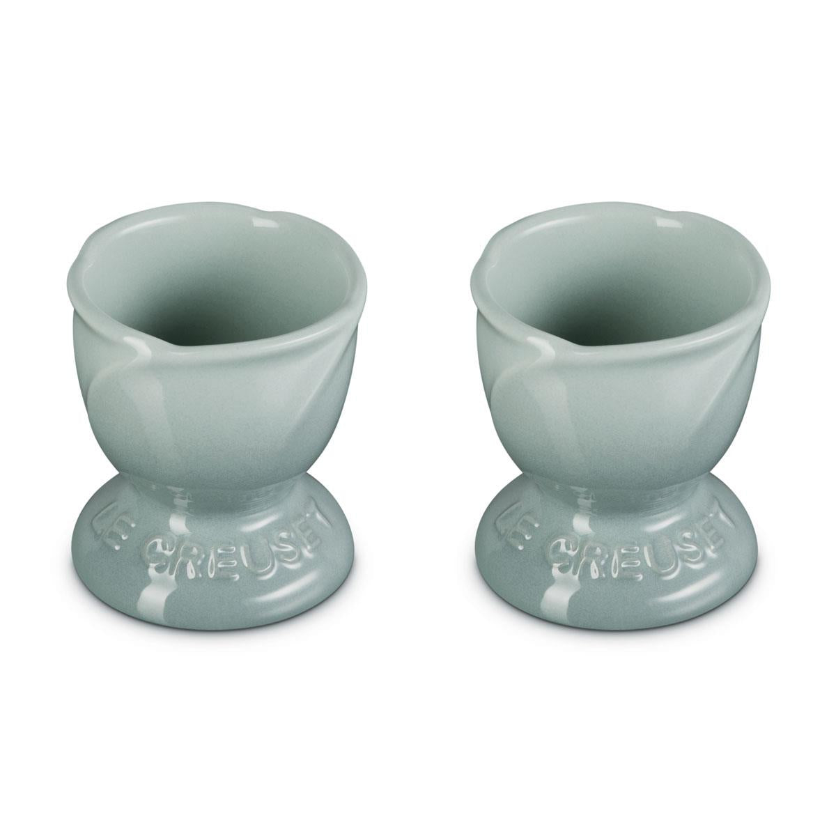 Le Creuset Stoneware Set of 2 Egg Cups La Jardin Collection in use seasalt