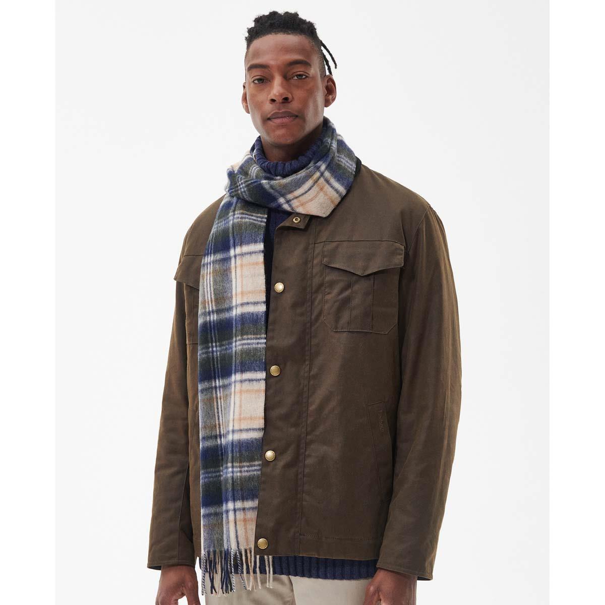 Sand Beige Plaid Barbour Unisex New Check Tartan Scarf On Model