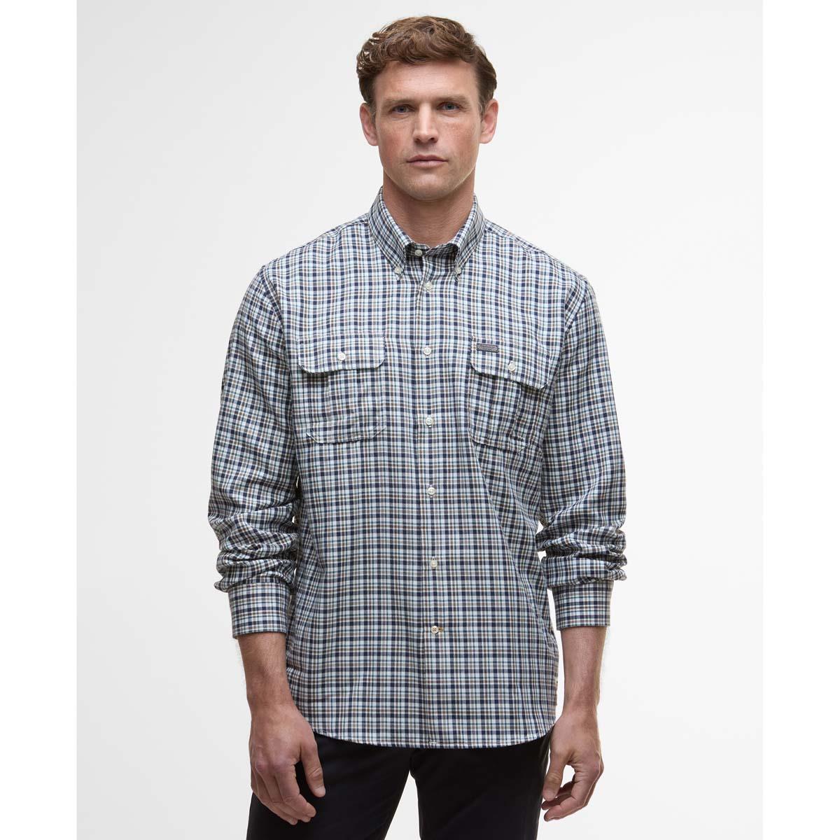 Navy Barbour Mens Panwell Thermo Weave Regular Checked Shirt On Model