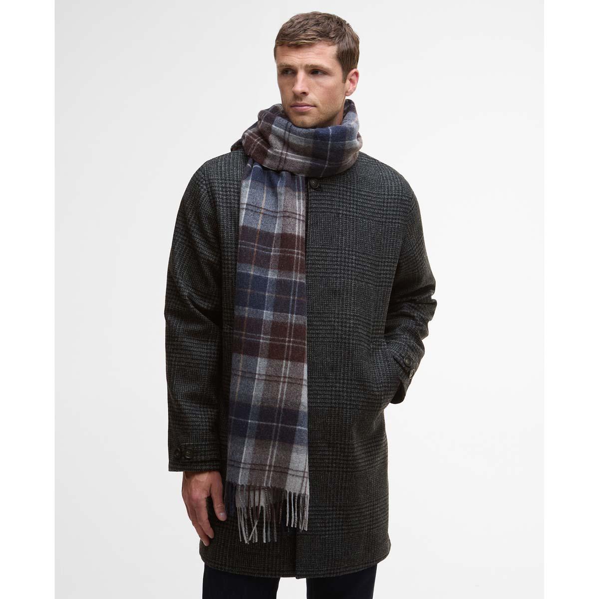 Midnight Oak Tartan Barbour Brack Patchwork Tartan Scarf On Model
