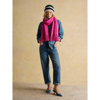 Green/Blue Joules Womens Popley Stripe Hat On Model Full Outfit