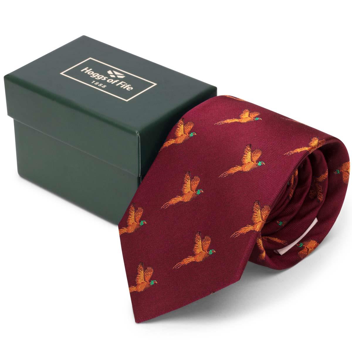 Hoggs Of Fife 100% Silk Woven Tie Pheasants Boxed
