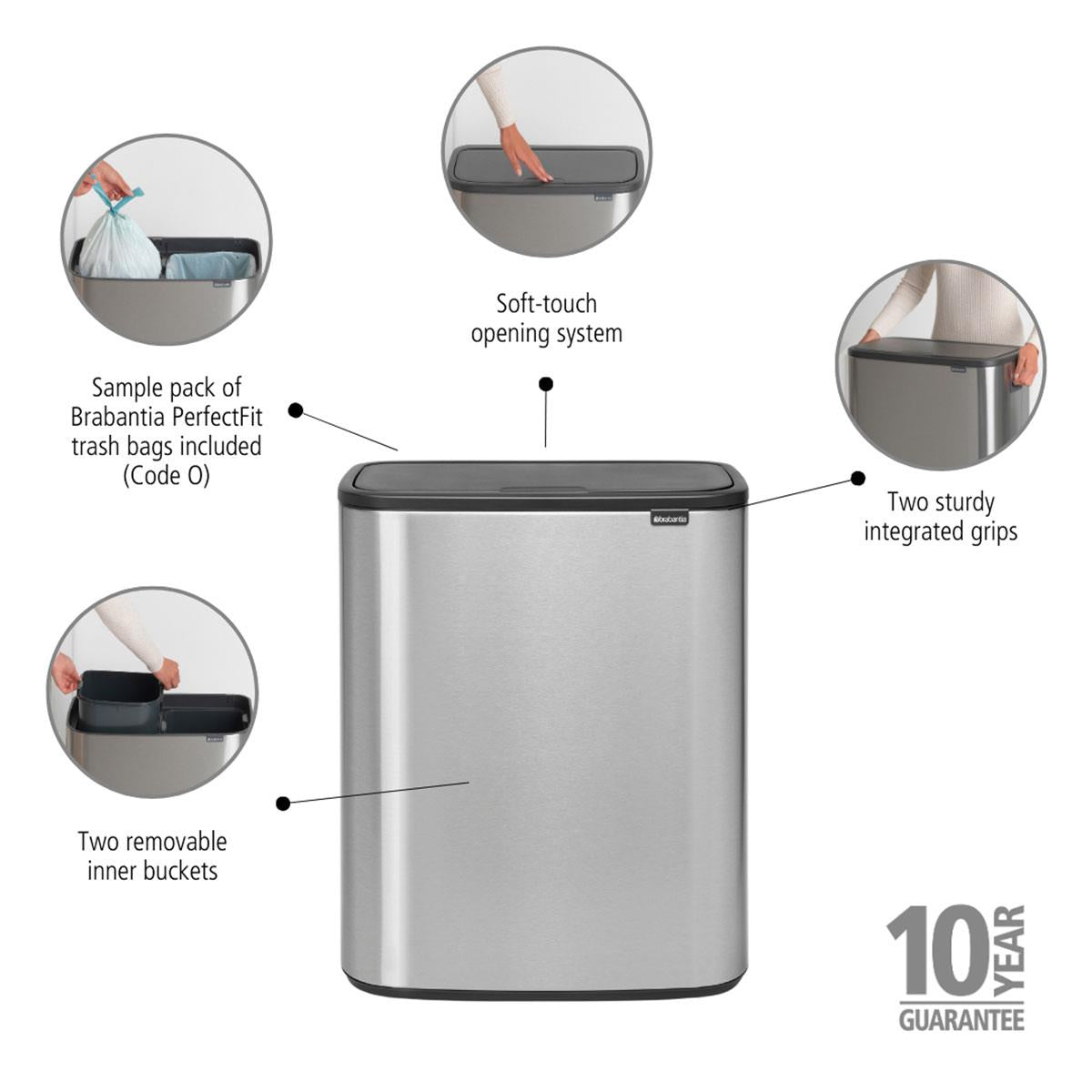 Matt Steel Fingerprint Proof Brabantia Bo Touch Bin 2x30 Litre