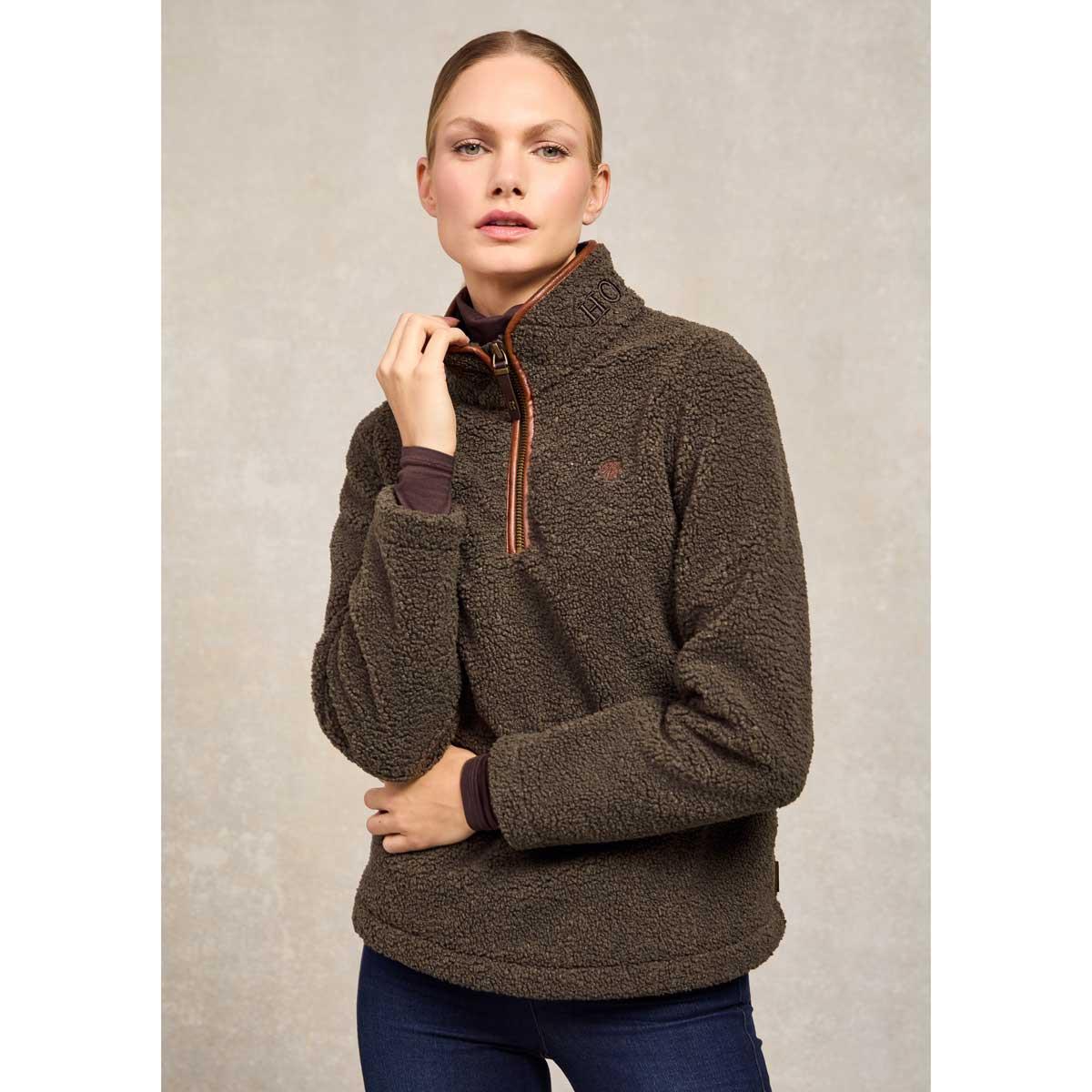 Khaki Borg Holland Cooper Womens Country Borg Fleece Quarter Zip On Model