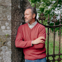 Albert and Maurice Mens Eastnor Raspberry Lambswool V Neck Jumper Lifestyle