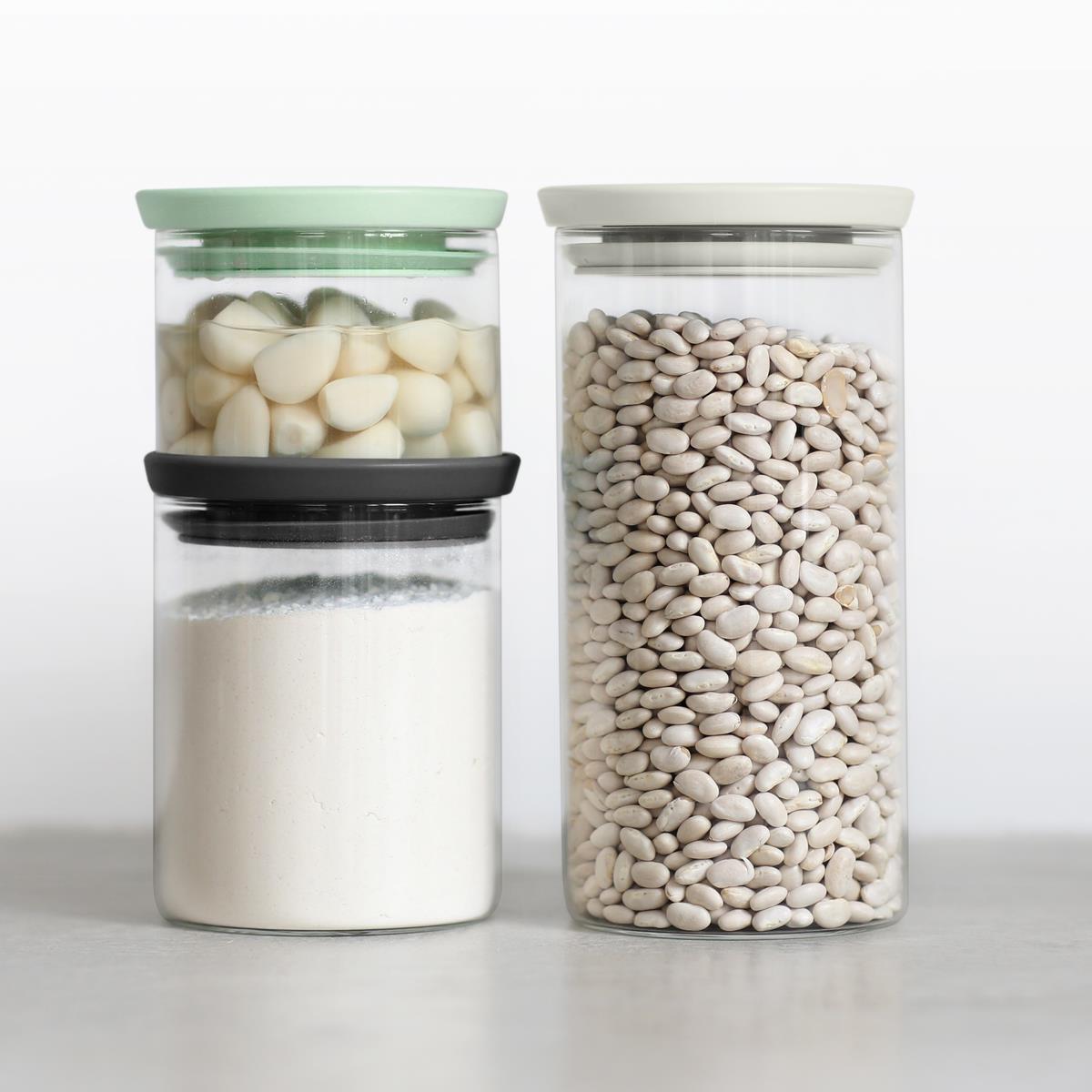 Light Grey/Dark Grey/Jade Green Brabantia Set of 3 Stackable Glass Jars In Use