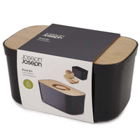 Black Joseph Joseph Bread Bin with Cutting Board Lid packaging