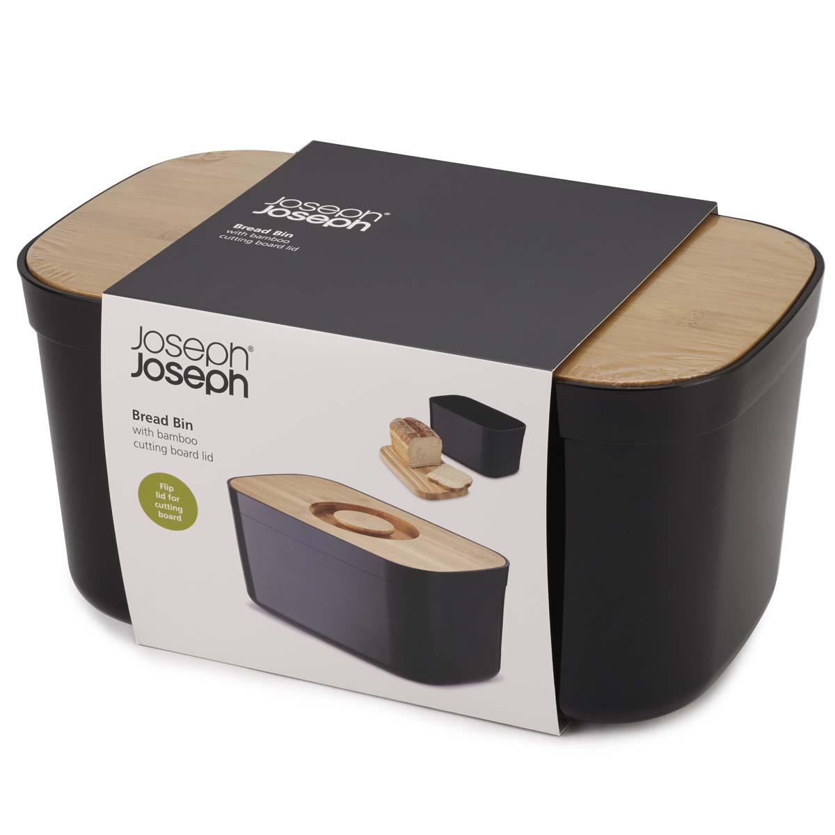 Black Joseph Joseph Bread Bin with Cutting Board Lid packaging