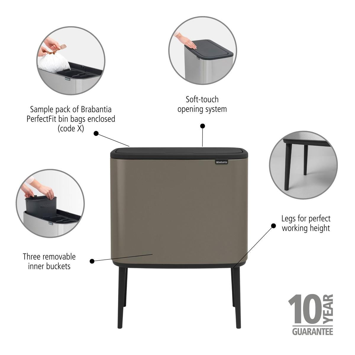 Platinuim Brabantia Bo Touch Bin 3x11 Litre Lifestyle Product Features