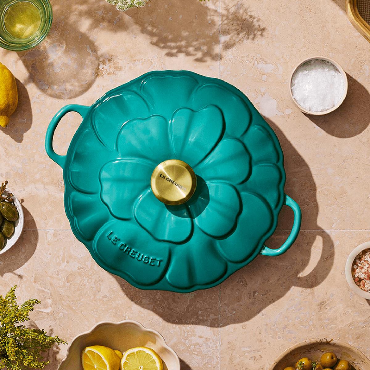 Le Creuset 26cm Cast Iron Petal Shallow Casserole Bleu Riviera lifestyle