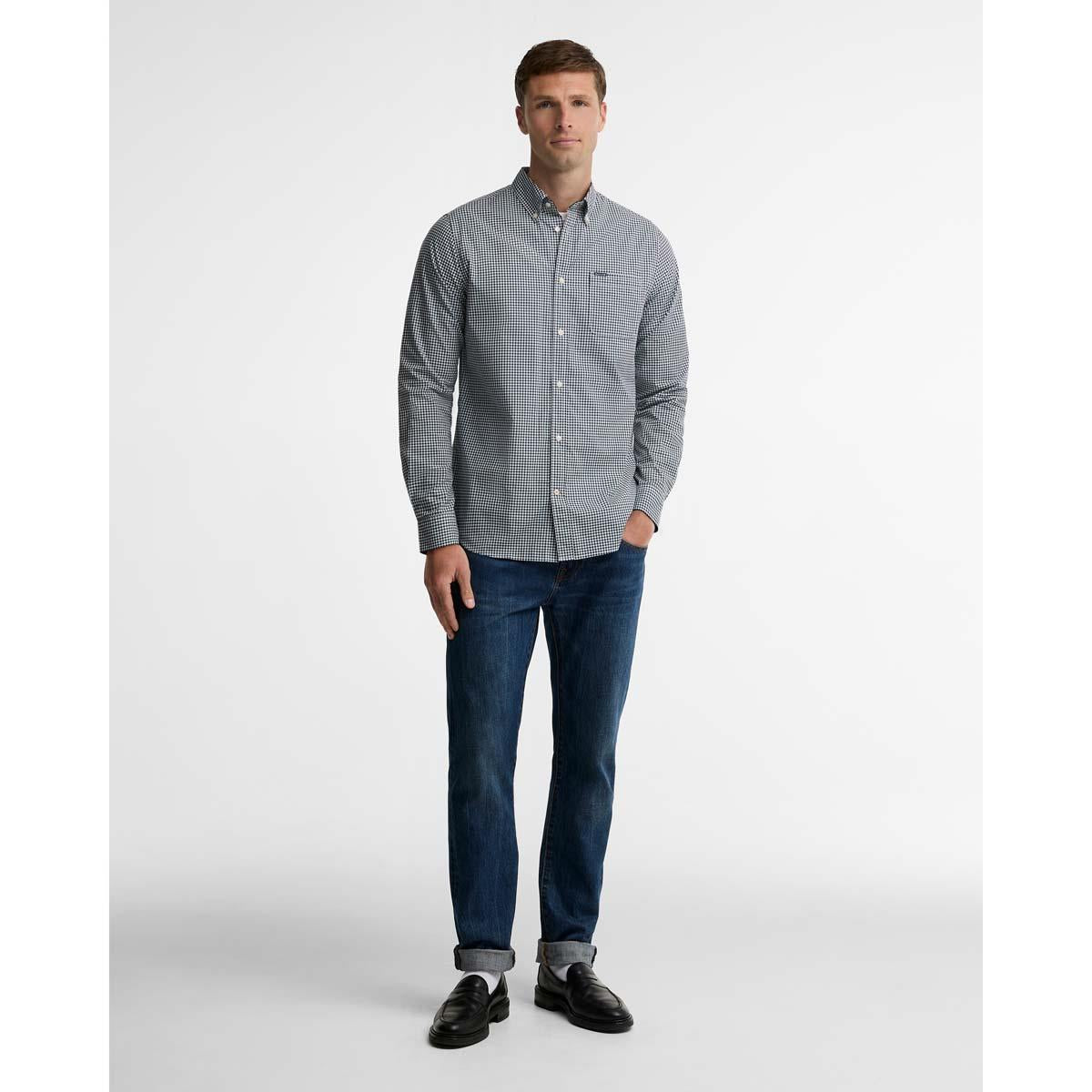 NAVY Harbourwall Tailored Gingham Shirt ON MODEL