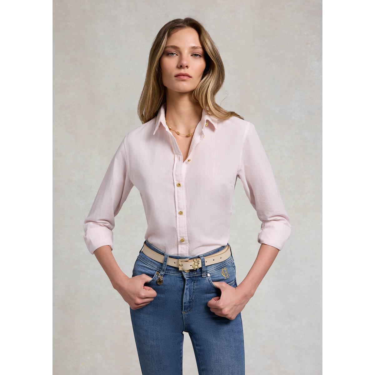 Soft Pink Stripe Holland Cooper Womens Classic Fit Shirt On Model