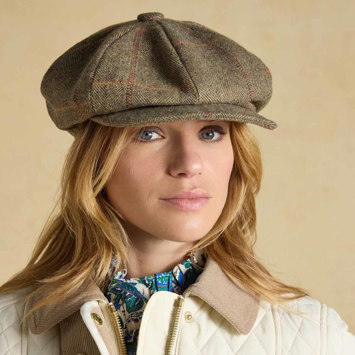 Khaki Tweed Joules Womens Harrogate Baker Boy Hat On Model