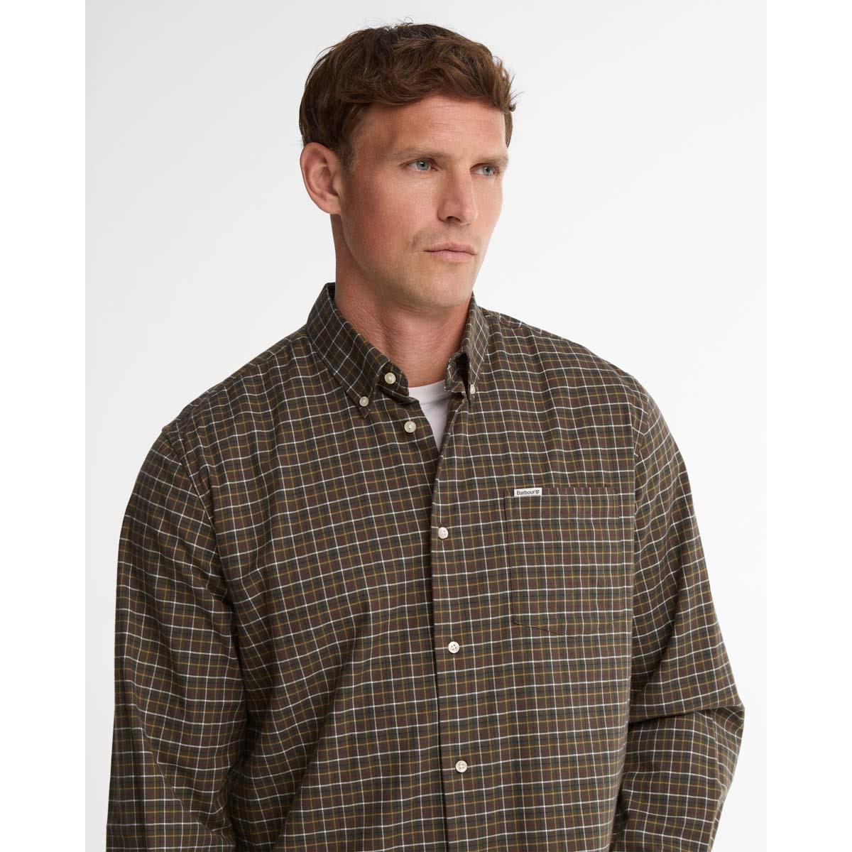 Olive Barbour Mens Alderwood Regular Fit Tattersall Shirt COLLAR
