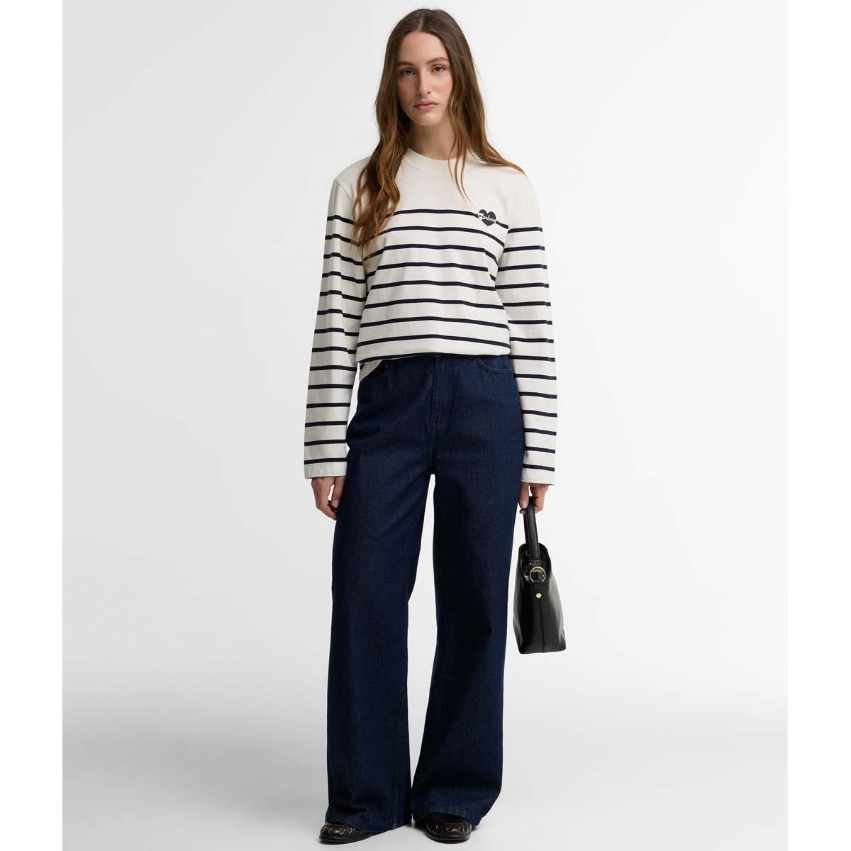 Cloud/Dark Navy Barbour Womens Harling Striped Top ON Model