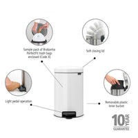 White Brabantia newIcon Pedal Bin 12 Litre Plastic Bucket Product Features