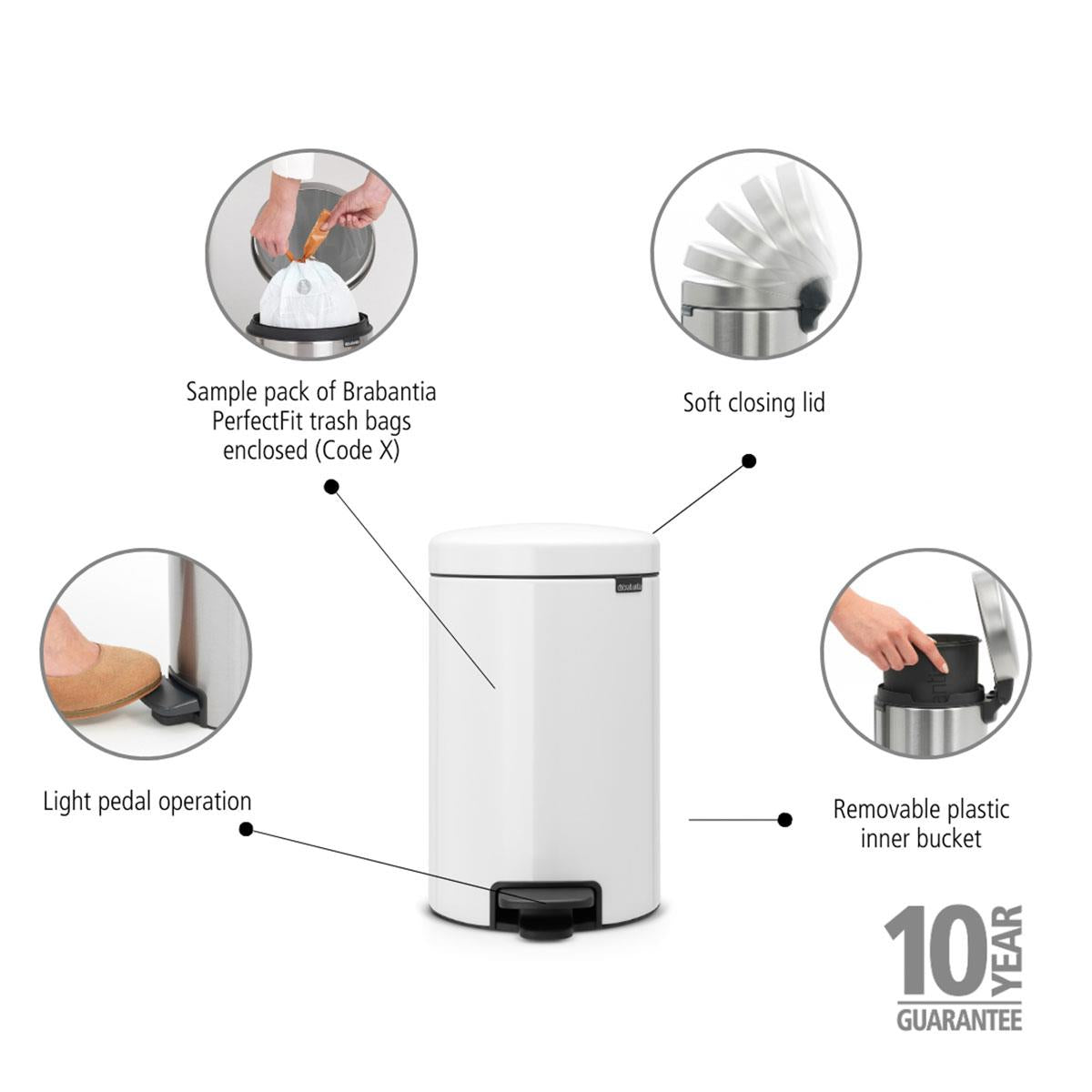 White Brabantia newIcon Pedal Bin 12 Litre Plastic Bucket Product Features
