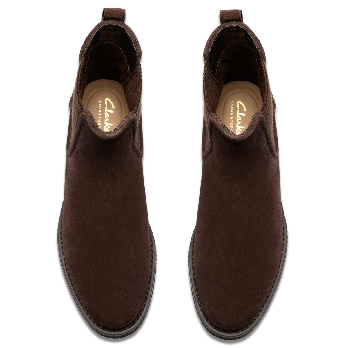 Dark Brown Suede Clarks Womens Nella Top Chelsea Boot Top