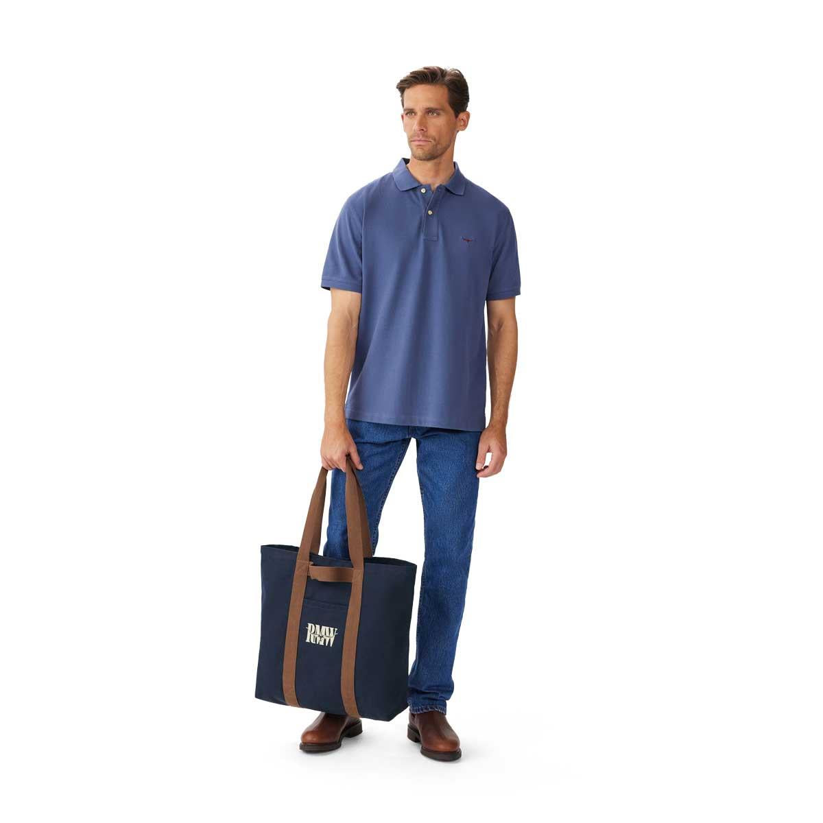 Navy R.M. Williams Heritage Tote on model