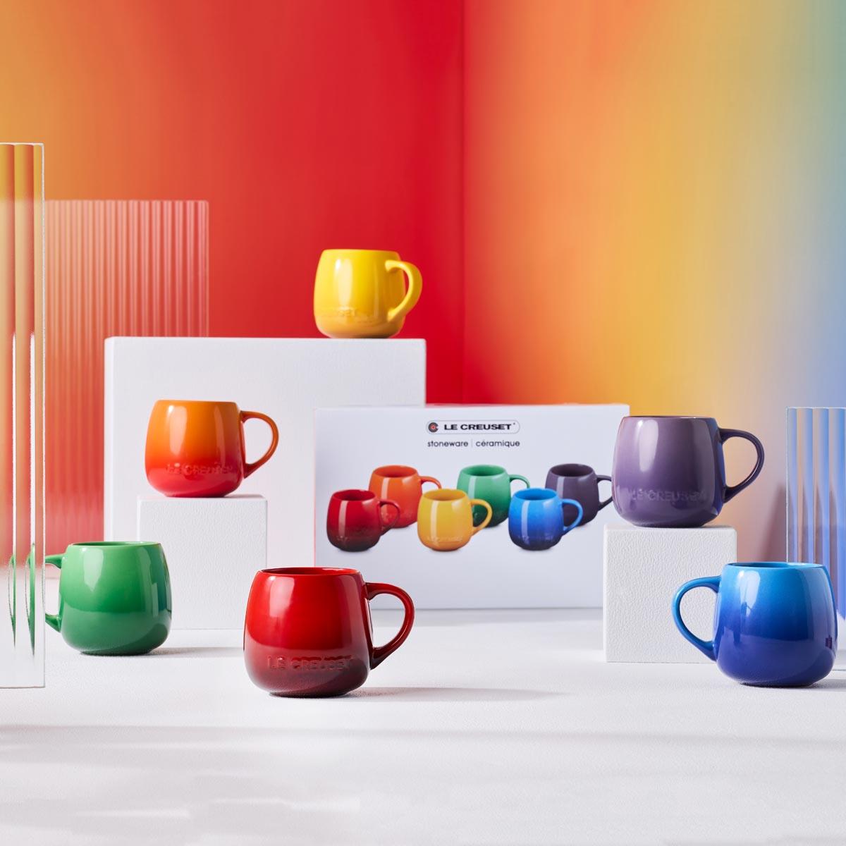 Le Creuset Stoneware Set of 6 Rainbow Coupe Mugs Lifestyle