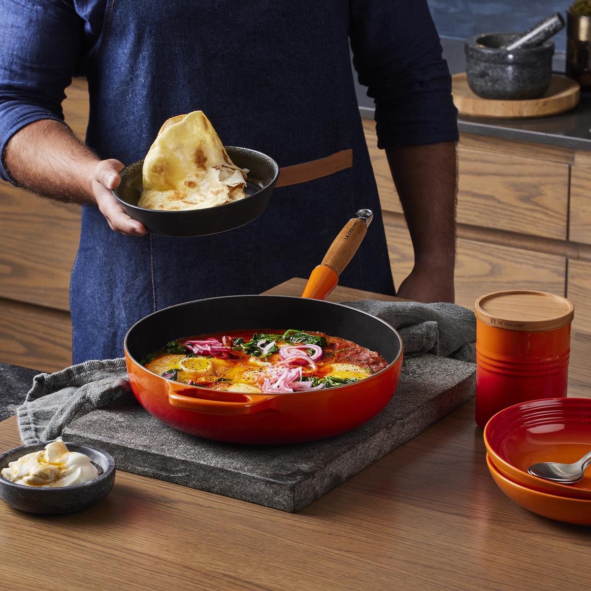 Le Creuset 28cm Cast Iron Saute Pan With Wooden Hand