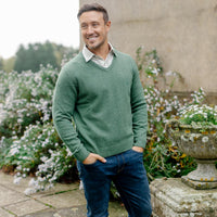 Albert and Maurice Eastnor Sage Lambswool V Neck Jumper Model