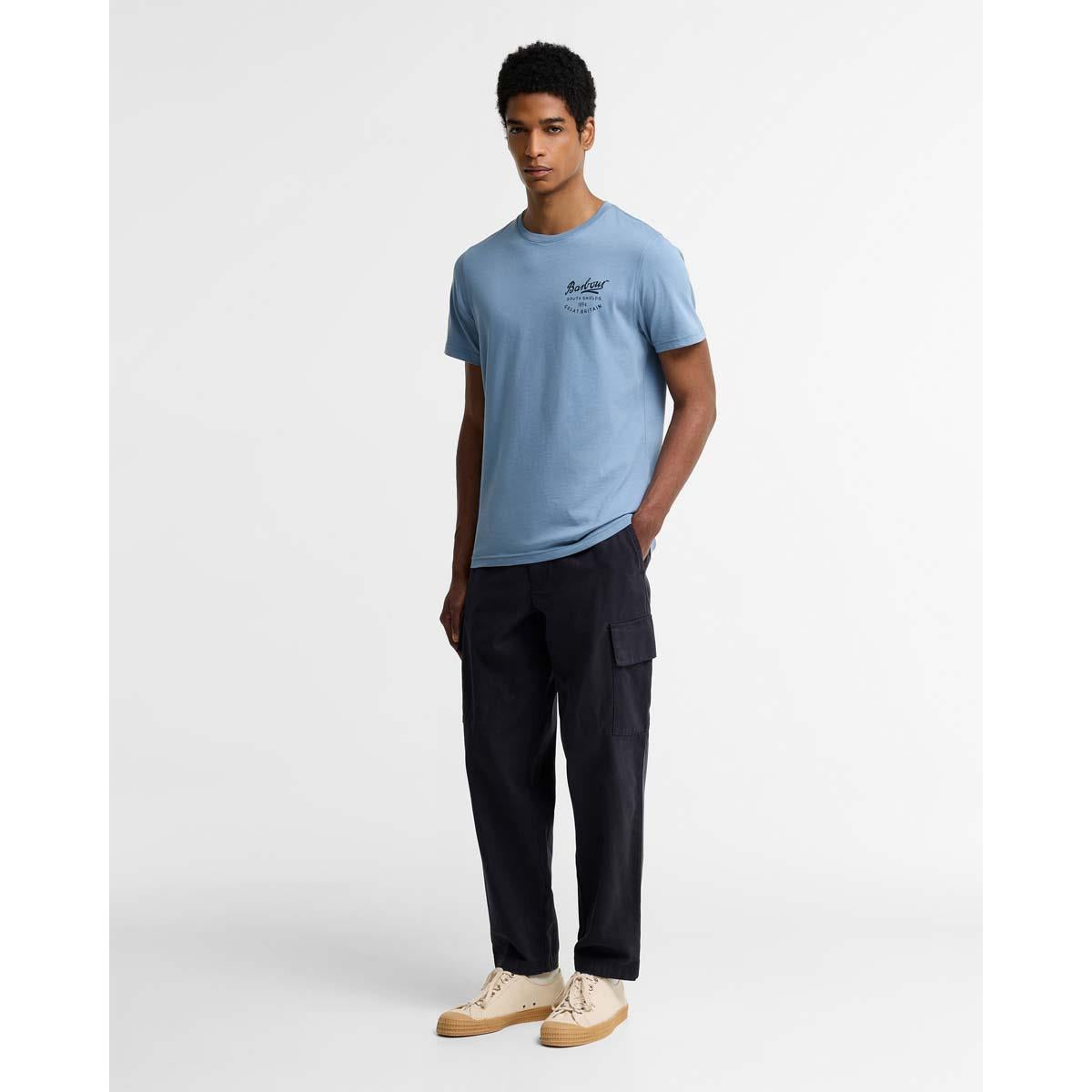 Tarn Blue Barbour Mens Script Graphic T-Shirt ON MODEL