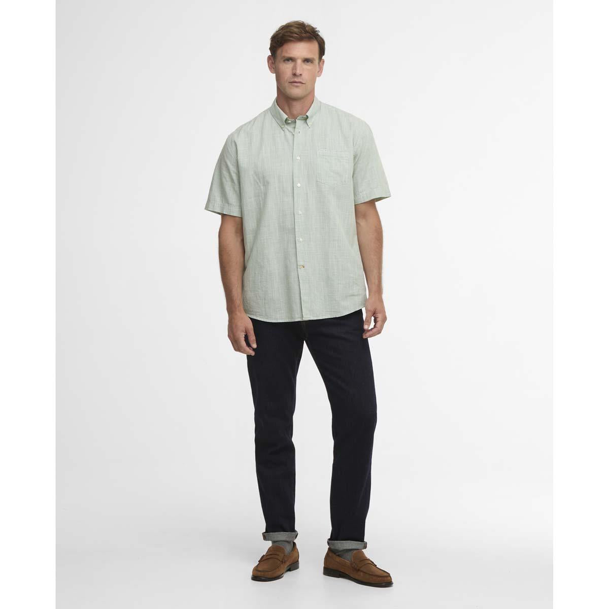 Loden Green Barbour Mens Fleming Linen Blend Regular S/S Shirt On Model