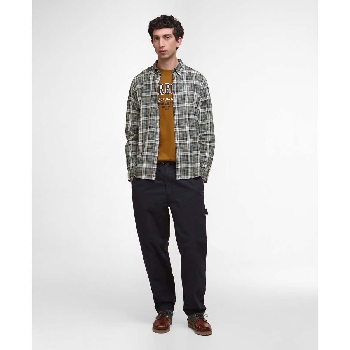Olive Barbour Mens Mosswood Tailored Checked Shirt On Model
