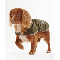 Olive Barbour Waterproof Dog Coat on dog font